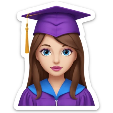 girl with gorgeous long brown hair, blue eyes, long lashes makeup, sexy pink lips, wearing a purple graduation cap and gown sticker