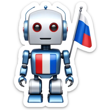 Robot with blue, white, and red Russian flag colors on its metallic body sticker