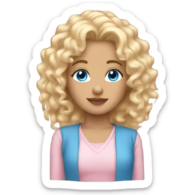 beautiful girl with curly blonde hair blue eyes wearing light pink sticker