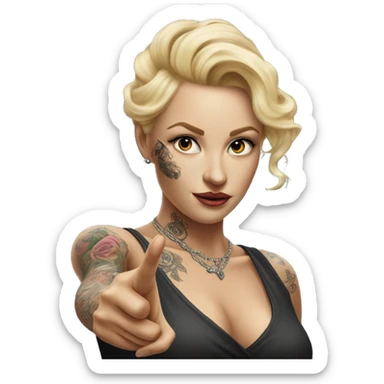 Blonde elegant women, her Body Covered with Tattoos, POINTING to YOU FORWARD with her ONE HAND , Hyper realistic sticker