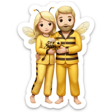  Man long dark brown hair, white skin, medium beard, full body in cute bee pijama hugging a woman with blonde hair in a flower suit  sticker