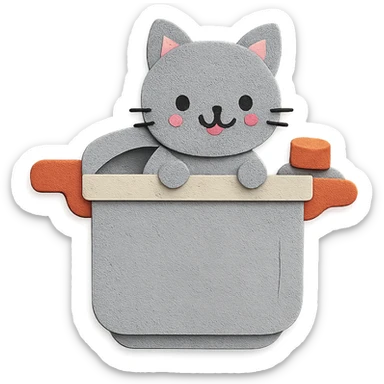 chibi pressure cooker-cat hybrid, popping out of the lid, playful expression, soft grey, full-body sticker