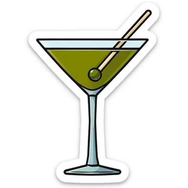martini glass with crystal clear transparent liquid and an olive at the bottom skewered by a toothpick sticker