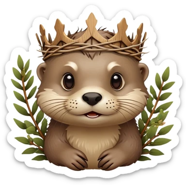 cute confused otter face with natural twisted thorny bramble branches wrapped around head, wooden Crown of thorns sticker