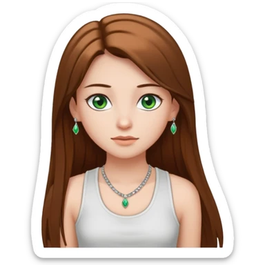 A girl with long brown straight hair, green eyes, and a white tank top; she doesn't have bangs. she wear a lot of silver jewerly  sticker