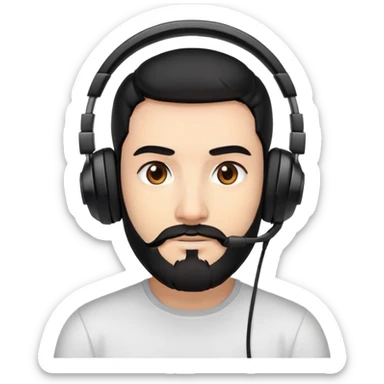 A person with black hair, brown eyes, a black beard, wearing a gaming headset sticker