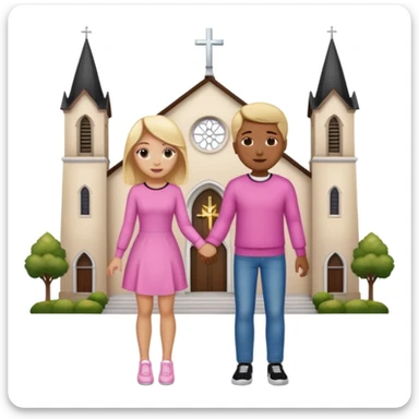 Una pareja de novios van tomados de la mano ella es rubia de ojos carmelitas piel blanca vestido rosado y tacones el muchacho es de piel morena ojos negros un pullover blanco pantalón de mezclilla y tenis blancos el fondo es una iglesia  sticker