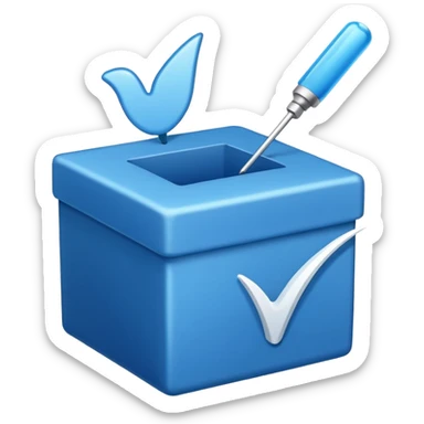 A blue box  and a white tick sticker