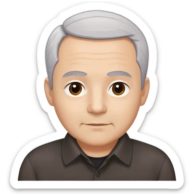 Head and shoulders portrait of Puerto Rican actor René Monclova. Round face with light skin tone. Short gray/white hair with receding hairline. Expressive dark brown eyes, thick eyebrows. Clean-shaven. Slight smile. Wearing a dark collared shirt. sticker