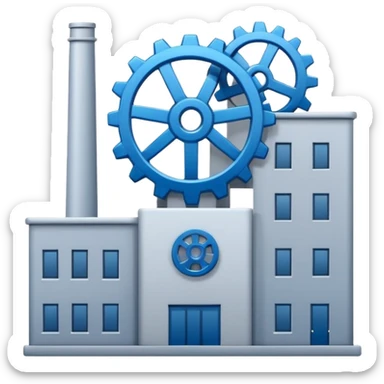 "A minimalist vector icon of a modern manufacturing factory building with a gear symbol above it. Blue and grey color scheme, flat design, white background, simple thick lines, professional business logo style." sticker