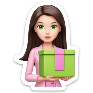 A white Barbie girl with long dark brown straight hair in pale pink clothes holds bright green box sticker