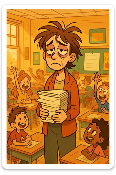 digital cartoon art of a exhausted teacher in a bustling classroom sticker