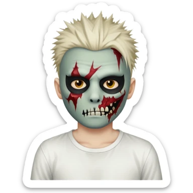 zombie boy with spiky emo hair and white shirt emoji and 

He wears an anonymous mask on half his face and has wounds on the other half. sticker