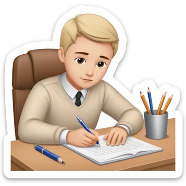 Person at desk writing an essay that begins with "Dear God" sticker