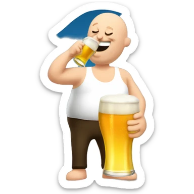 British man drinking beer in the sun, bald head, large belly sticker