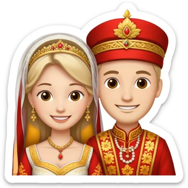 bride and groom in traditional outfit and smiling sticker