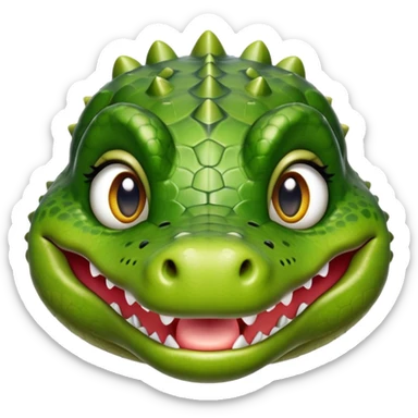 Cinematic Realistic Cute Crocodile Portrait Emoji, Head tilted playfully and inquisitively, featuring a robust, well-defined build with intricately detailed, glossy olive-green scales and a surprisingly endearing face with round, sparkling eyes full of unexpected charm, rendered with lifelike texture and natural highlights, high shine, affectionate and spirited, styled with a touch of wild whimsy, soft glowing outline, capturing the essence of a mischievous yet lovable crocodile that seems poised to snap playfully out of the screen into your arms! sticker