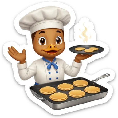 A chef duck wearing a tiny apron, flipping pancakes on a pan sticker