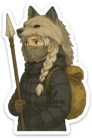 1 female, gold yellow eyes, white hair with a single long braid, wolf headdress, rag face covering, dark colored puffer parka, gazing into the distance. overcast lighting. the has a burlap bag-rope backpack, and a wooden spear with a bone knife tip sticker