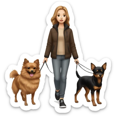 A light brown haired girl, walking one mini black and tan miniature Pinscher and one very big, fluffy & light brown Spitz on the lead sticker
