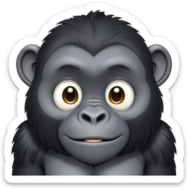 Cinematic Cute mountain Gorilla Portrait Emoji, Head tilted playfully and inquisitively, with a robust build accented by a striking black and grey mane and round, sparkling eyes full of gentle charm, Simplified yet irresistibly adorable features, highly detailed, glowing with a warm, friendly jungle glow, high shine, affectionate and lively, stylized with a touch of endearing primate whimsy, soft glowing outline, capturing the essence of a mischievous yet loving mountain that feels like it could lumber out of the screen into your arms! sticker