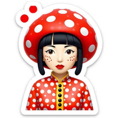 Yayoi Kusama – Cinematic Realistic Portrait of old Japanese artist Yayoi Kusama, depicted as an avant-garde artist with an eccentric, captivating expression surrounded by her iconic polka dot patterns, rendered with vivid textures and imaginative lighting that evokes her unique, surreal creative world. sticker