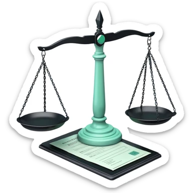 Responsabilité Administrative (Administrative Responsibility), 3D techy icon with black and mint green (#B5F4D3) color scheme, scales of justice with official documents sticker