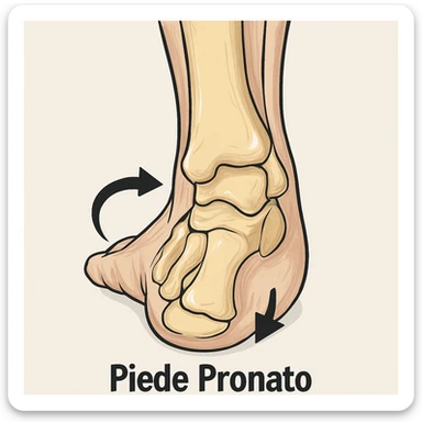 Anatomical illustration of a pronated foot, detailed bones and soft tissue, medical style, neutral background, with arrows showing pronation movement, inspired by the reference image. sticker