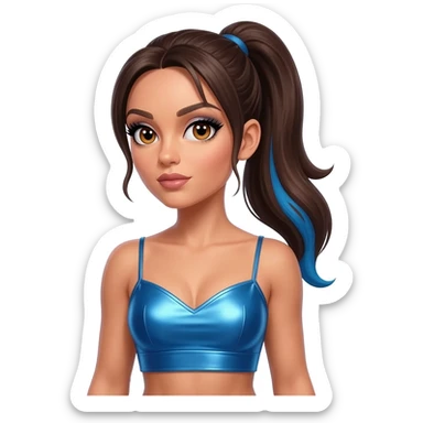 Sporty Spice from Spice Girls with hazel eyes, long dark brown ponytail hair with blue highlights, blue metallic sweetheart crop top sticker