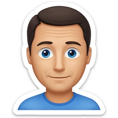 Middle aged man with tanned skin, receding dark hair and no beard, blue eyes, shy smile sticker