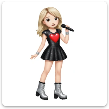 Sabrina carpenter singing at a concert wearing a black sparkly mini dress with silver at the end, with silver sparkly boots with heart cut out on the side sticker
