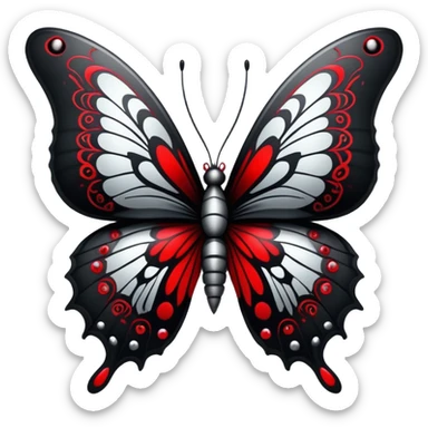 Dark evil gloomy Badass emo gothic punky butterfly black and silver with intricate red and white patterns  sticker