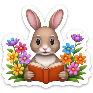 rabbit reading book + flowers  sticker