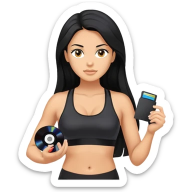 glasses, long black hair tanned woman, black sports bra, sexy, hot, data analysis, holding a cd  and memory stick sticker