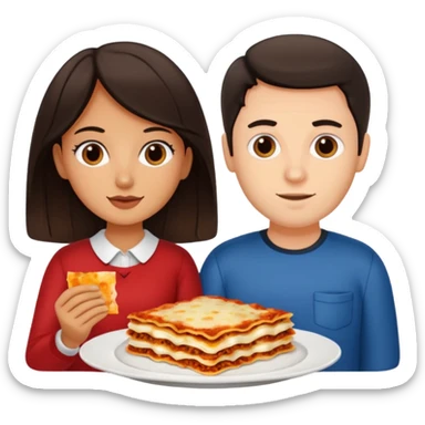 tan girl with dark hair and white guy with dark hair sharing a plate of lasagna sticker