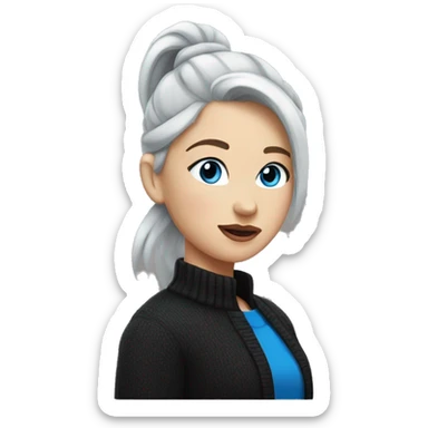 girl with white skin with gray hair with blue eyes in a black sweater with a ponytail on her head with plump lips sticker