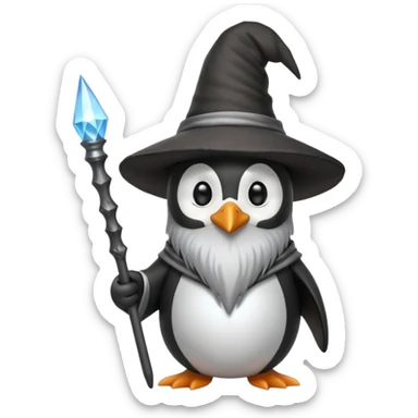 A penguin wizard with a pointy hat and a magic wand sticker