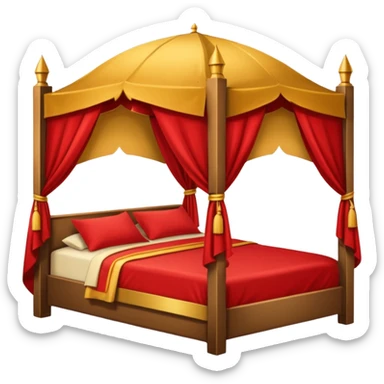 bed with red and gold sheets, wooden, canopy, simple, castle like sticker