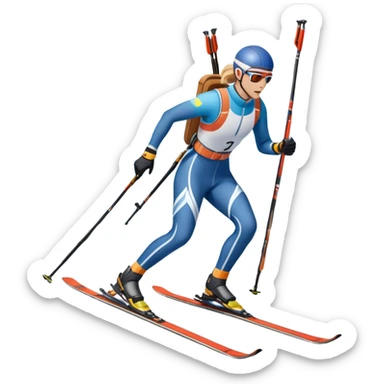 An icon featuring a biathlete gliding on skis through a snowy trail, carrying a rifle on their back. In the background, a target range and snow-covered trees set the scene. Transparent background highlights the unique mix of endurance, precision, and winter sport challenge. sticker