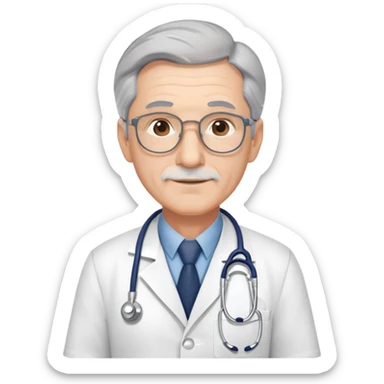 mature 60 year old male doctor with stethoscope, gray hair, professional sticker