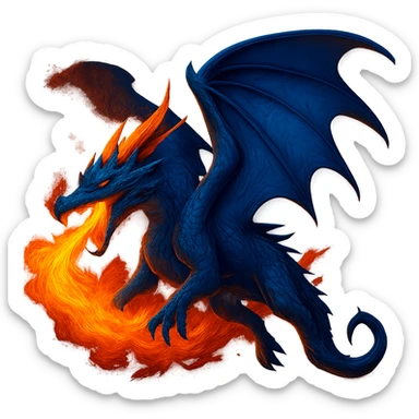 Add a dramatic fiery breath effect to this flying blue dragon, keep the style of the original image, no background. sticker