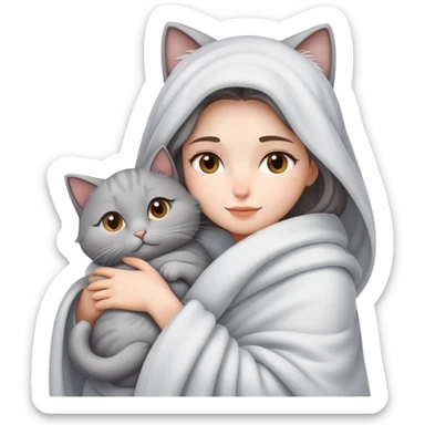 A beautiful woman wrapped in a blanket hugs a cat sticker