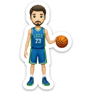 Full Body  white male basketball player with short dark shaggy hair and goatee wearing blue and green uniform sticker