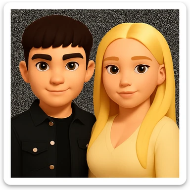 Slightly increase the volume of the upper body of the girl and slightly turn her to face forward. Do not change the boy's face. Maintain the style of the original image. sticker