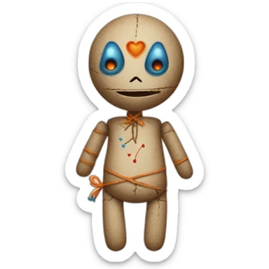 voodoo doll with orange and blue buton eyes and a heart on left side of belly sticker