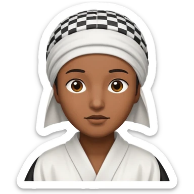 Una persona morena que solo se le vea la cara con una bata de arabe en la cara color blanco con cuadros negros en la cabeza  sticker