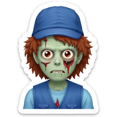 brown fluffy hair zombie with blue and white hat dark blue jilet red t shirt sticker