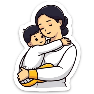 Mother and child hugging with love sticker