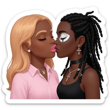 (Bimbo, pearl earrings stud, Light pink cute lips, long middle part with long light ginger hair, dark brown skin, playboy necklace with lashes, light pink shirt, kissing the goth black girl with brown skin, cross earrings, ankh necklace with black dreadlocks with white paint on face sticker