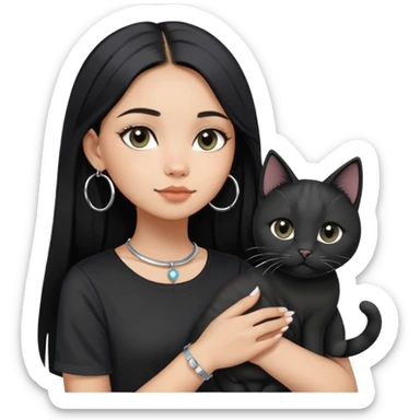 A girl with long straight black hair has upward-slanting eyeliner. She is wearing large silver hoop earrings, a black short-sleeved shirt, and a bracelet on her left hand. She is holding a cat with a black face  sticker